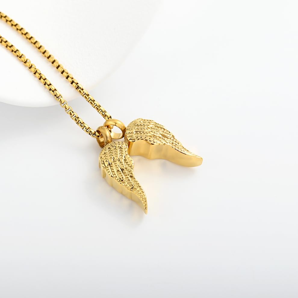 Guardian Wings Memorial Necklace for Ashes – Gold Angel Wing Cremation Pendant for Loved One