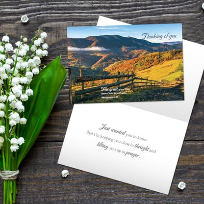 Dunzoom 100 Pack Religious Thinking of You Cards Bulk Set with Envelopes Stickers 10 Floral Landscape Designs Assort Christian Thinking of You with Greeting Card Scripture Inspirational Blessing 4 x 6 - style: Thinking of You