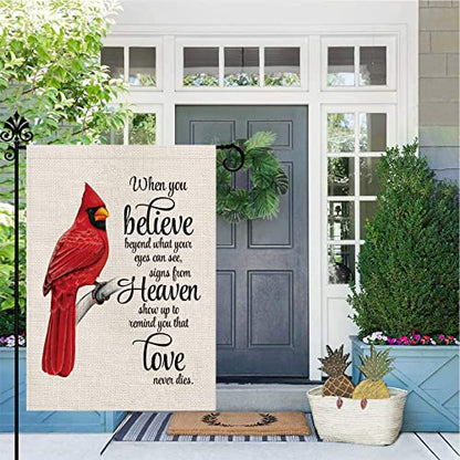 Cardinal Garden Flag Vertical Double Sided Farmhouse Burlap Yard Outdoor Decor 12.5x18 Inch-When you Believe Beyond What Your Eyes Can See Signs From Heaven Show up to Remind You that Love Never Dies