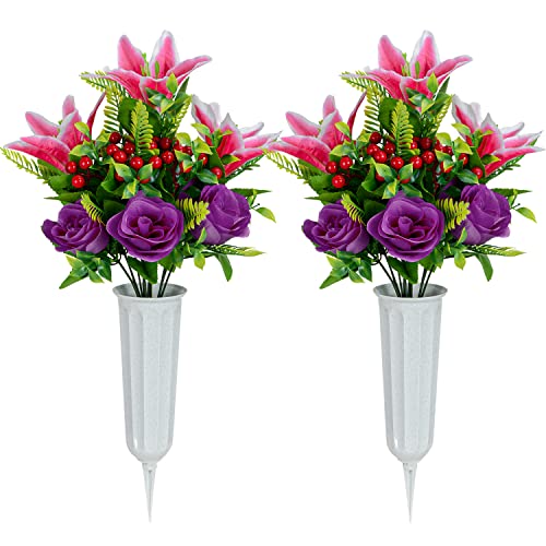 XONOR Artificial Cemetery Flowers for Grave, Set of 2 Artificial Memorial Flowers with Vase for Outdoor Cemetery Headstones Graveyard Gravestone Decoration (Pink Lily&Purple Rose) - color: Pink Lily&purple Rose