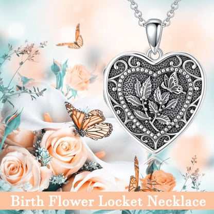 PELOVNY Birth Flower Locket Necklace for Women 925 Sterling Silver Flower Butterfly Heart Photo Locket Pendant Birthday Christmas Jewelry Gifts for Mom Daughter Wife Sister - color: 12-Holly