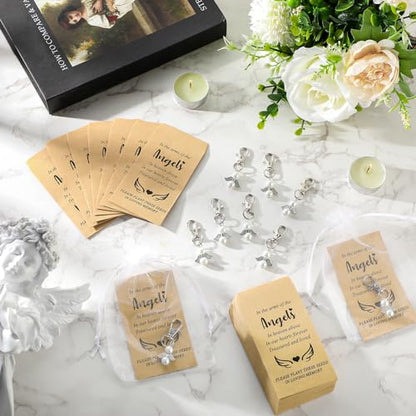 50 Sets Funeral Favors for Guests 50 Celebration of Life Angel Keychain Pearl Keychain 50 Memorial Seed Packets Small Envelopes and Organza Bags Funeral Memorial Party Guests Gifts, No Seed