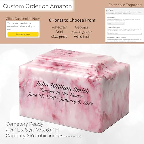 Custom Engraved Mackenzie Urn Vault - Up to Three Line of Custom Engraving Included. Six Different Custom Fonts to Choose from. Cultured Marble Adult Full Size urn. Ruby Onyx Color