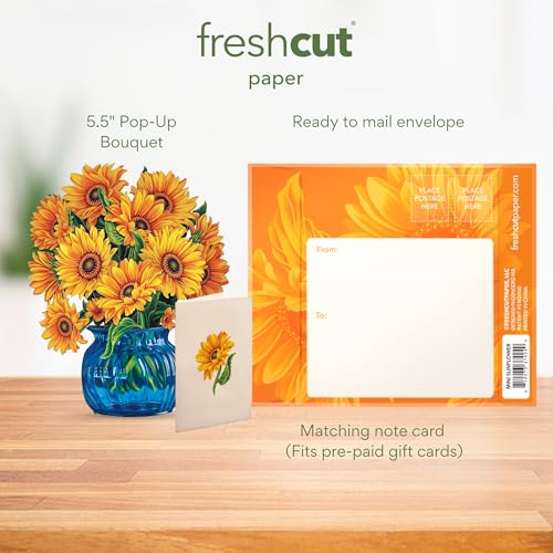 Freshcut Paper Pop Up Cards, Mini Sunflowers, 6 Inch Mini Sized Forever Flower Bouquet 3D Popup Greeting Cards, Birthday Cards, Get Well Gifts, Blank Notecard & Envelope (Pack of 3) - color: Sunflowers, size: Mini (Pack of 3)