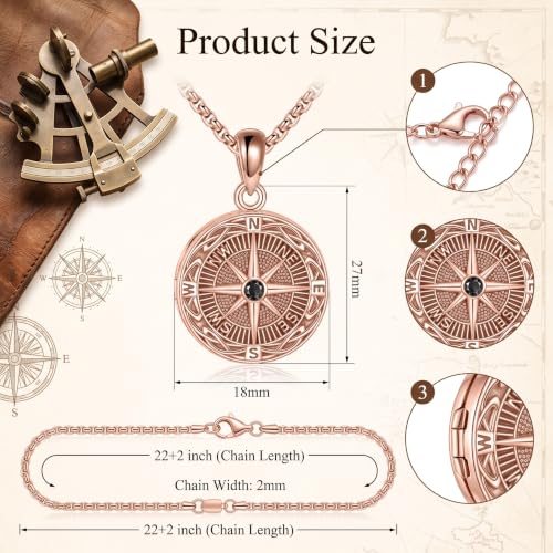 ONEFINITY Locket Necklace That Holds Picture Locket Memorial Pendant Jewelry Keepsake Gift for Men Women - color: rose gold-Compass