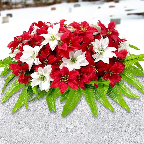Christmas Cemetery Flowers Red White Poinsettias Headstone Flowers Saddle Realistic Memorial Flower Arrangement for Outdoor Grave Decorations - color: Red White