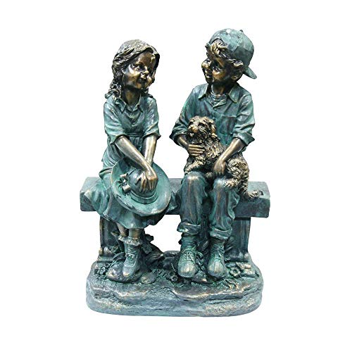 Alpine Corporation 16" Tall Indoor/Outdoor Girl and Boy Sitting on Bench with Puppy Statue Yard Art Decoration - color: Boy and Girl With Puppy