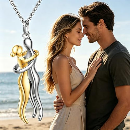 FLYOW S925 Sterling Silver Best Friend Couple Pendant Friendship Sun Moon Lotus Yin Yang Matching Bff Necklace for Women Jewelry - style: Hug-gold