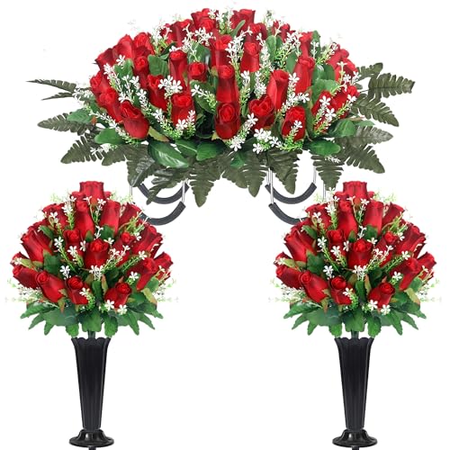Wocst Cemetery Flowers for Grave,Headstone Flower Saddle with 2 Sets Grave Rose Flowers Bouquets with Vases for Cemetery Grave Decorations UV Resistant Non-Fading Easy Fit (Red) - color: Red