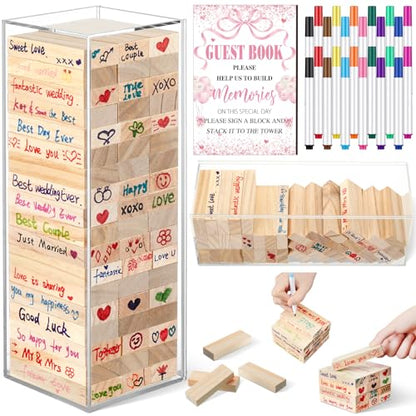 Beeveer 80 Pcs Wedding Guest Book Alternative Wooden Block Guest Book for Wedding Sign in Bridal Shower Decoration 54 Pcs Wooden Block Bridal Shower Game for Sign in, Reception(Pink Bow) - style: Pink Bow