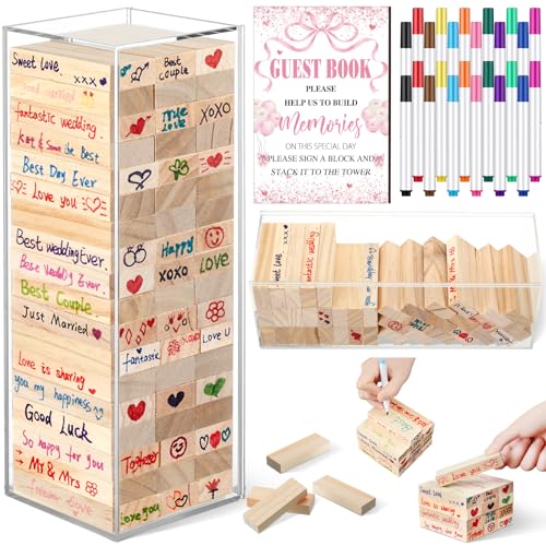 Beeveer 80 Pcs Wedding Guest Book Alternative Wooden Block Guest Book for Wedding Sign in Bridal Shower Decoration 54 Pcs Wooden Block Bridal Shower Game for Sign in, Reception(Pink Bow) - style: Pink Bow