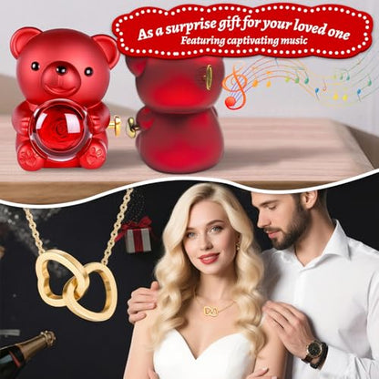 La Vie en Rose Music Box, Red Teddy Bear with Preserved Rose