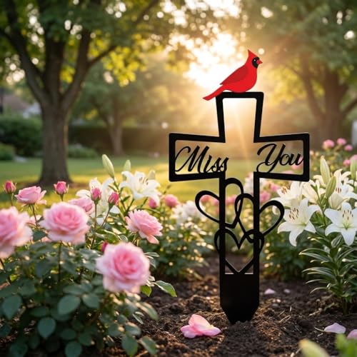 Metal Cardinal Memorial Grave Marker Cross - Miss You Red Bird Sympathy Gift for Cemetery - Weatherproof Garden Remembrance Stake for Loss of Loved One, Bereavement Tribute Decor