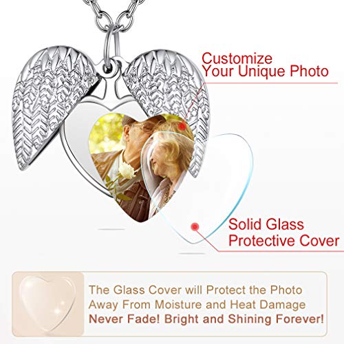 Custom4U Personalized Heart Locket Necklace with Pictures,Sunflower/Angel Wings/Heart Shaped Lockets Custom Photo,Gold/Rose Gold/White Lockets That Holds Picture,Customized Memorial Jewelry for Women - color: C-Angel Wings-Steel(Locket + Photo + Engraving