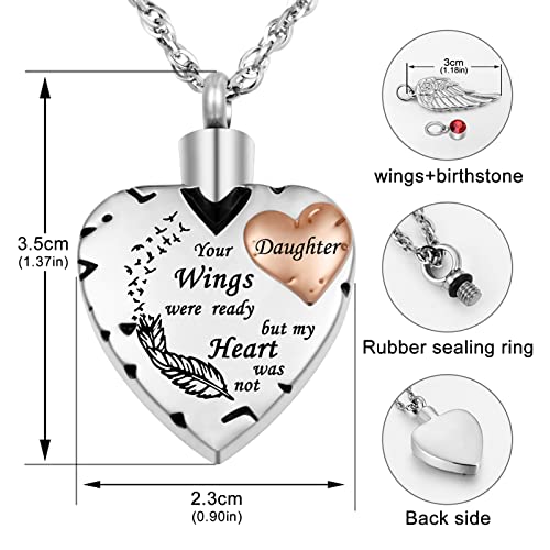 Dletay Heart Cremation Necklace for Ashes Cremation Jewelry with 12 Birthstones Urn Necklace for Ashes-Your Wings were Ready but My Heart was Not - style: Daughter