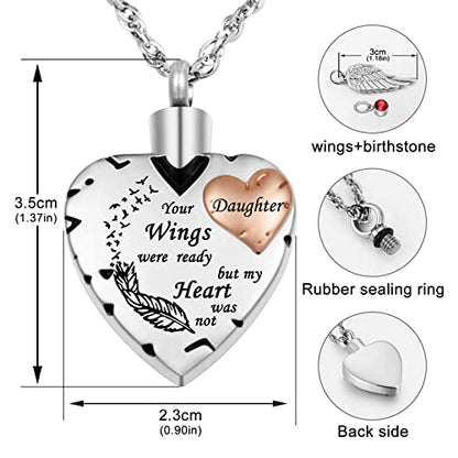 Dletay Heart Cremation Necklace for Ashes Cremation Jewelry with 12 Birthstones Urn Necklace for Ashes-Your Wings were Ready but My Heart was Not - style: Daughter