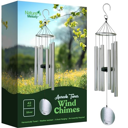 Nature’s Melody Aureole Tunes Wind Chimes – Outdoor Windchime with 6 Tubes Tuned to C Pentatonic Scale, 100% Rustproof Aluminum, Powder Finish & S Hook Hanger for Sympathy, Memorial Gift or Zen Garden - color: Silver, size: 42"