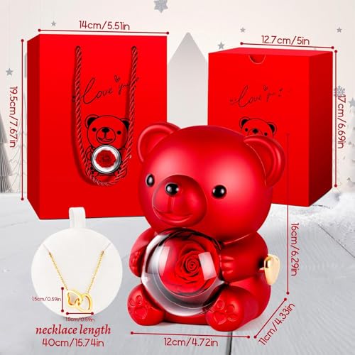 La Vie en Rose Music Box, Red Teddy Bear with Preserved Rose