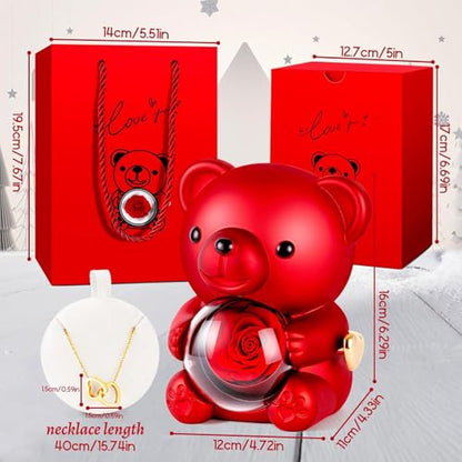 La Vie en Rose Music Box, Red Teddy Bear with Preserved Rose