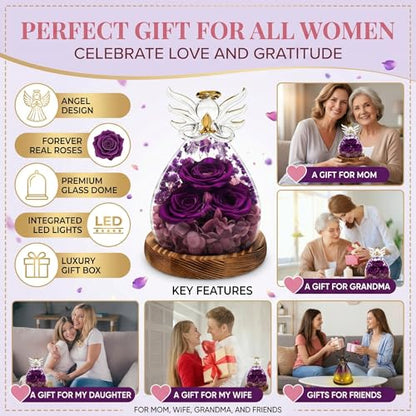 Preserved Real Rose Eternal Rose in Glass Angel Figurine with LED Light, Forever Flowers Angel Gift for Women Her Mom on Valentine's Day Christmas Birthday Anniversary (Purple, 5.8 Inch) - color: Purple