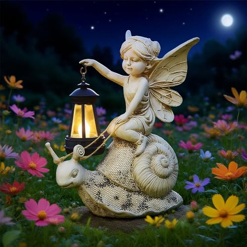 Solar Snail Statue Light, Outdoor Resin Solar Garden Sculpture, Fun Elf Riding Snail Fairy Tale Statue, Lawn, Patio Outdoor Unique Home Dcoration, Lady Gift! - color: White Snail