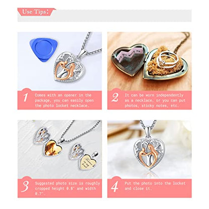 Picture Locket Necklace for Women Men Rose 14K Real Gold 925 Sterling Silver Jewelry Heart Locket Necklace that Holds Pictures Tree of Life Viking Wolf Celtic Knot St Christopher St Michael Pendant - color: B-mother and child-Rose Gold