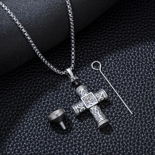 925 Sterling Silver Urn Necklace for Ashes, Teardrop/Tree of Life/Sunflower/Dragonfly/Sea Turtle/Celtic Knot/Elephant/Hummingbird Memorial Cremation Pendant Necklaces for Animal Human Ashes - color: A1: Tree of life-Cross