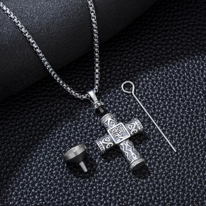 925 Sterling Silver Urn Necklace for Ashes, Teardrop/Tree of Life/Sunflower/Dragonfly/Sea Turtle/Celtic Knot/Elephant/Hummingbird Memorial Cremation Pendant Necklaces for Animal Human Ashes - color: A1: Tree of life-Cross