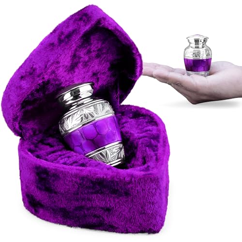 Small Keepsake Urn for Human Ashes, Mini 3 Inch Brass Urn, Purple | Hand-engraved brass cremation keepsake in a velvet heart case; holds a small share of ashes for men, women, infants and pets - color: Purple