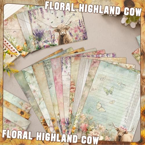 TaoBary 160 Pcs Floral Highland Cow Stationery Paper and Envelopes Set | 5.5 x 8.25'' Letter Writing Kit, 50 Double Sided Stationery Writing Papers 50 Matching Envelopes 60 Round Dot Sticker - size: 5.5 x 8.25 Inch, style: Floral Highland Cow