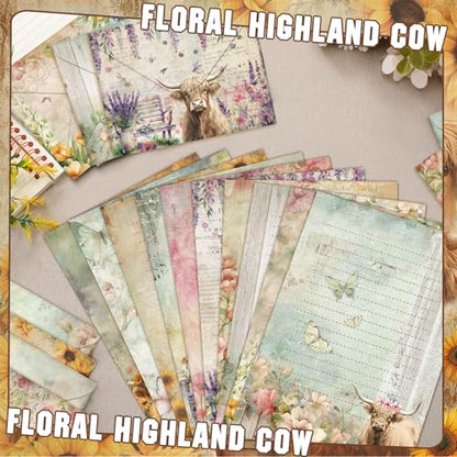 TaoBary 160 Pcs Floral Highland Cow Stationery Paper and Envelopes Set | 5.5 x 8.25'' Letter Writing Kit, 50 Double Sided Stationery Writing Papers 50 Matching Envelopes 60 Round Dot Sticker - size: 5.5 x 8.25 Inch, style: Floral Highland Cow
