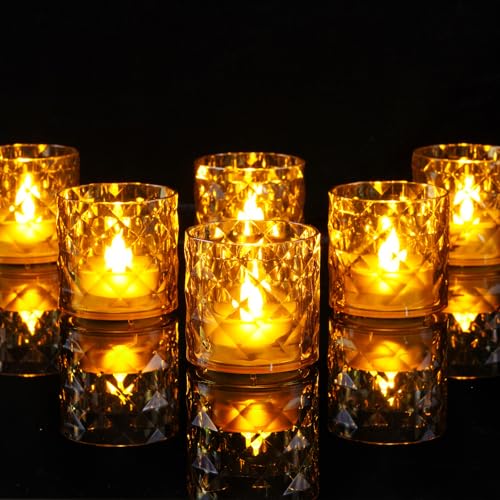 Homemory 2" Gold Acrylic Votive Candle & Holders with Auto Timer, 6 Pack | 6h auto timer, flicker Warm White glow, Pre-installed batteries, shatterproof acrylic, waxless smokeless, holiday party decor - color: Gold, size: 6 Pack