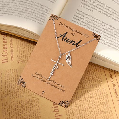 Lcherry Cremation Cross Necklace for Women - Angel Wing Faith Cross Necklace Memorial Gifts Religious Jewelry for Women - style: Aunt