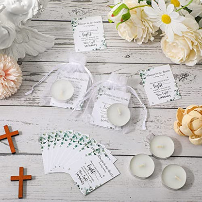 50 Set Funeral Party Favors Memorial White Candles Unscented Funeral Gifts Tealight Candles with Condolence Bereavement Cards and Organza Bags for Guest Celebration of Life Decorations (Stylish) - style: Stylish