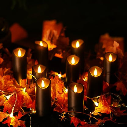Homemory Black Flameless Candles, Halloween Candles, Battery Operated Candles, LED Pillar Candles with Remote Control and Timers, Set of 9 | Plastic shell, battery operated flickering c, les, dual remotes, indoor Halloween party, mantel, staircase , table