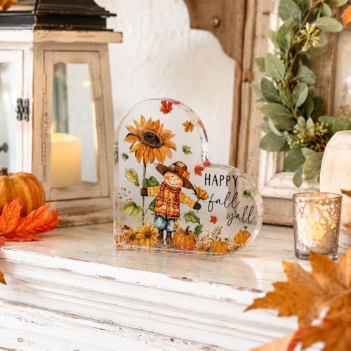 Smile Fall Thanksgiving Acrylic Tabletop Plaque, Happy Fall Y'all Scarecrow Sunflower Pumpkin Maple Leaf Themed Rustic Farmhouse Tiered Tray Sign for Home Kitchen Decor - style: Fall