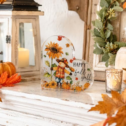 Smile Fall Thanksgiving Acrylic Tabletop Plaque, Happy Fall Y'all Scarecrow Sunflower Pumpkin Maple Leaf Themed Rustic Farmhouse Tiered Tray Sign for Home Kitchen Decor - style: Fall