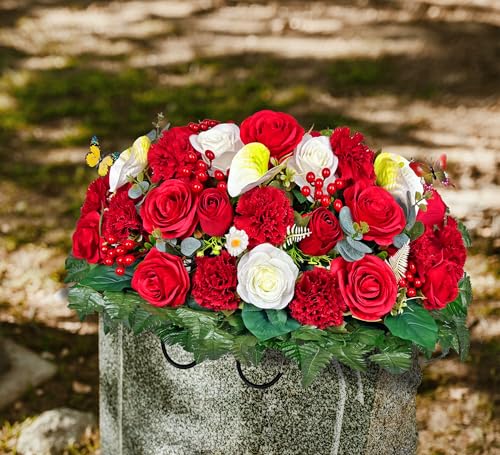 Artificial Cemetery Flowers - Headstone Flower Saddle - Outdoor Grave Decorations - Realistic Red Rose Carnation Mix Bouqet with 2 Lovely Butterflies