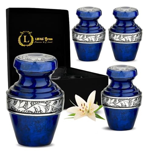 Mini Urns for Human Ashes Set of 4 with Velvet Case & Funnel | Handcrafted Metallic Small Urns for Human Ashes Keepsake - 3 Inches (Navy Blue, Small, Grecian)