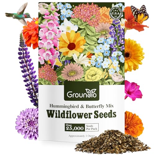 Groundio 25,000+ Wildflower Seeds Mix 1 Oz, 24 Varieties Perennial & Annual Seeds for Hummingbirds and Butterflies, High Germination Flower Seeds Throw and Grow to Plant Outside, No Filler