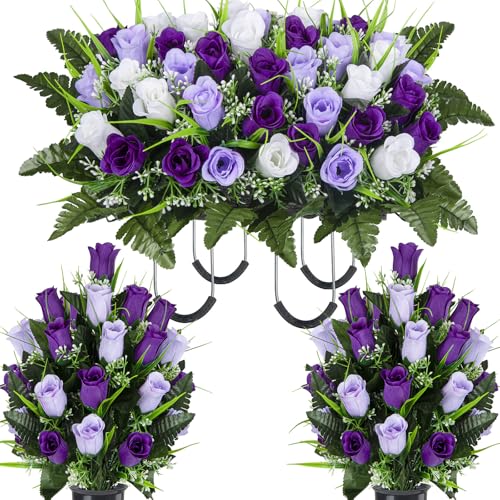 Artificial Cemetery Flowers Saddle, 2 Sets Grave Flowers Rose with Vase, Memorial Headstone Flowers Saddle for Cemetery Grave Tombstone Decorations (1 Saddle 2 Bouquets) - color: Purple & White