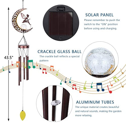 Taman Solar Wind Chime for Outside, Metal Fairy Windchimes with LED Light - size: 43.5"