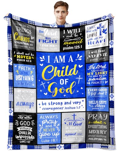 Christian Blanket Gifts for Men, Baptism Gifts for Boys, Inspirational Birthday Religious Catholic Spiritual Gift for Man Son Dad, Bible Verse Throw Blanket 50"x40" - color: Blue Christian