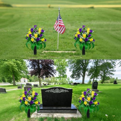 2 Sets Artificial Cemetery Flowers For Grave 24 Heads Flowers For Cemetery - color: Yellow + Purple