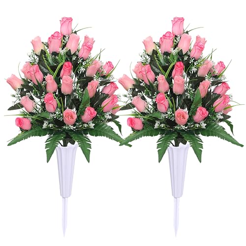 Lodou Artificial Cemetery Flowers,Outdoor Grave Decorations Roses,Arrangements Bouquet with Cemetery Vase, Silk Flowers for Long-Lasting Remembrance (Pink) - color: Pink