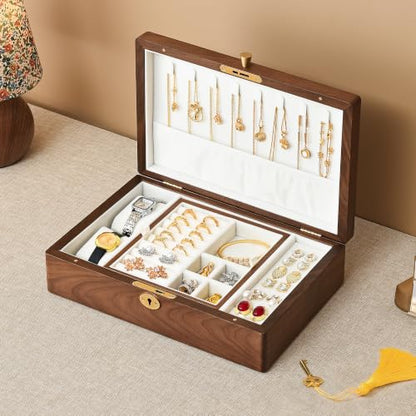 Black Walnut Wooden Lockable Jewelry Box, 2 Layer Large Organizer for Women - color: 2 Layer Large Lockable