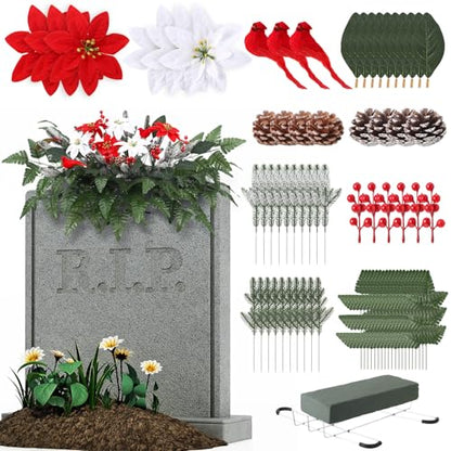 Thiccywoov 70 Pcs Artificial Christmas Cemetery Flower Poinsettia Headstone | Red Poinsettia Christmas Flowers, outdoor Grave Memorial Decor, Silk Flowers Berries Pinecones Foam Holder