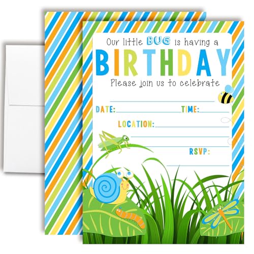 Amanda Creation Bunch of Bugs Birthday Party Invitations for Boys, 20 5x7 Fill In Cards with Twenty White Envelopes… - color: Bunch of Bugs Birthday Party for Boys