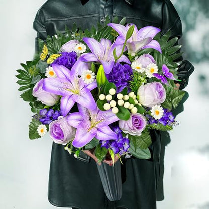 Artificial Cemetery Flowers – Vibrant Rose Carnation, Outdoor Grave Decorations - 1 Purple Gravesite Bouquet with Vase