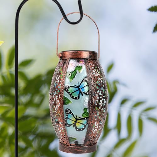 Hanging Solar Lantern Waterproof Garden Light Butterfly-New | Glass & Metal, Tabletop Light with Hollowed-Out Design for Garden Patio Table Decor, Gifts for Friends and Family - style: Butterfly-New